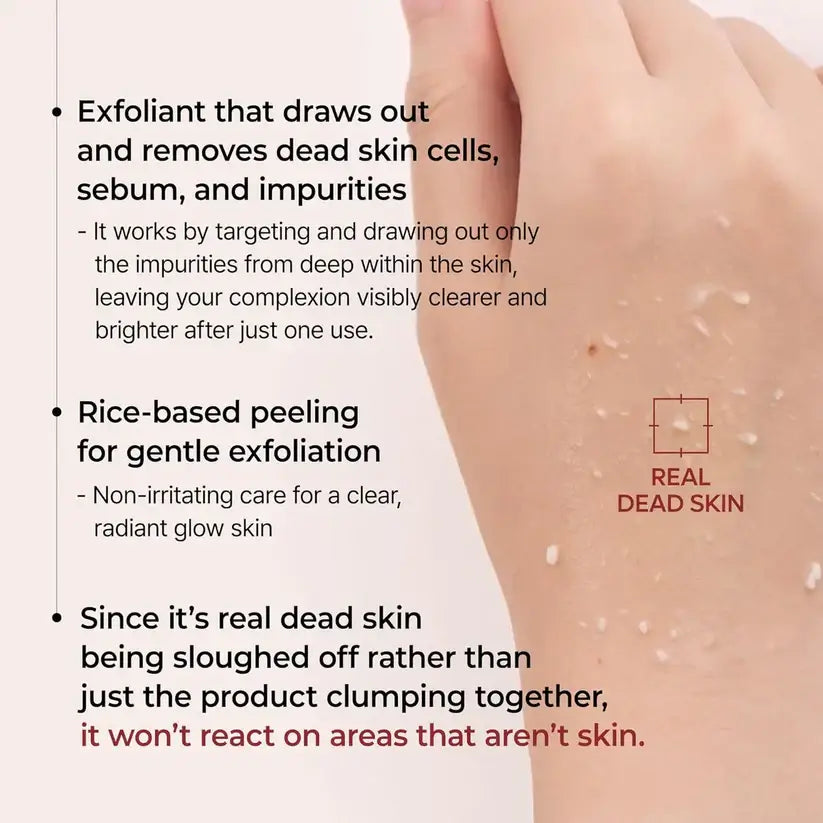 Skin Aura Peel Shot exfoliant removing real dead skin cells, sebum, and impurities with gentle rice-based peeling for clear, radiant, glowing skin after one use.